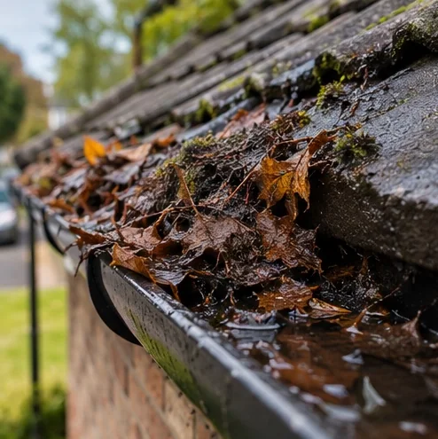 Blocked gutter filled with wet leaves and debris before cleaning