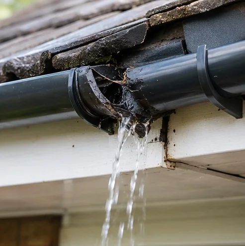 Leaking damaged gutter joint needing repair