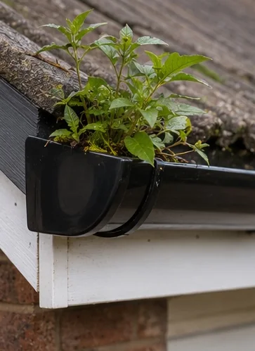 Plant growth in a gutter corner before professional cleaning