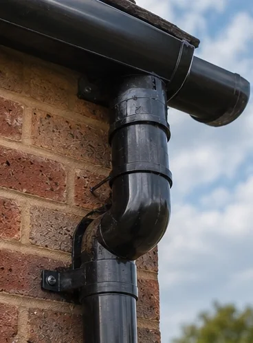 Repaired downpipe and gutter section after maintenance